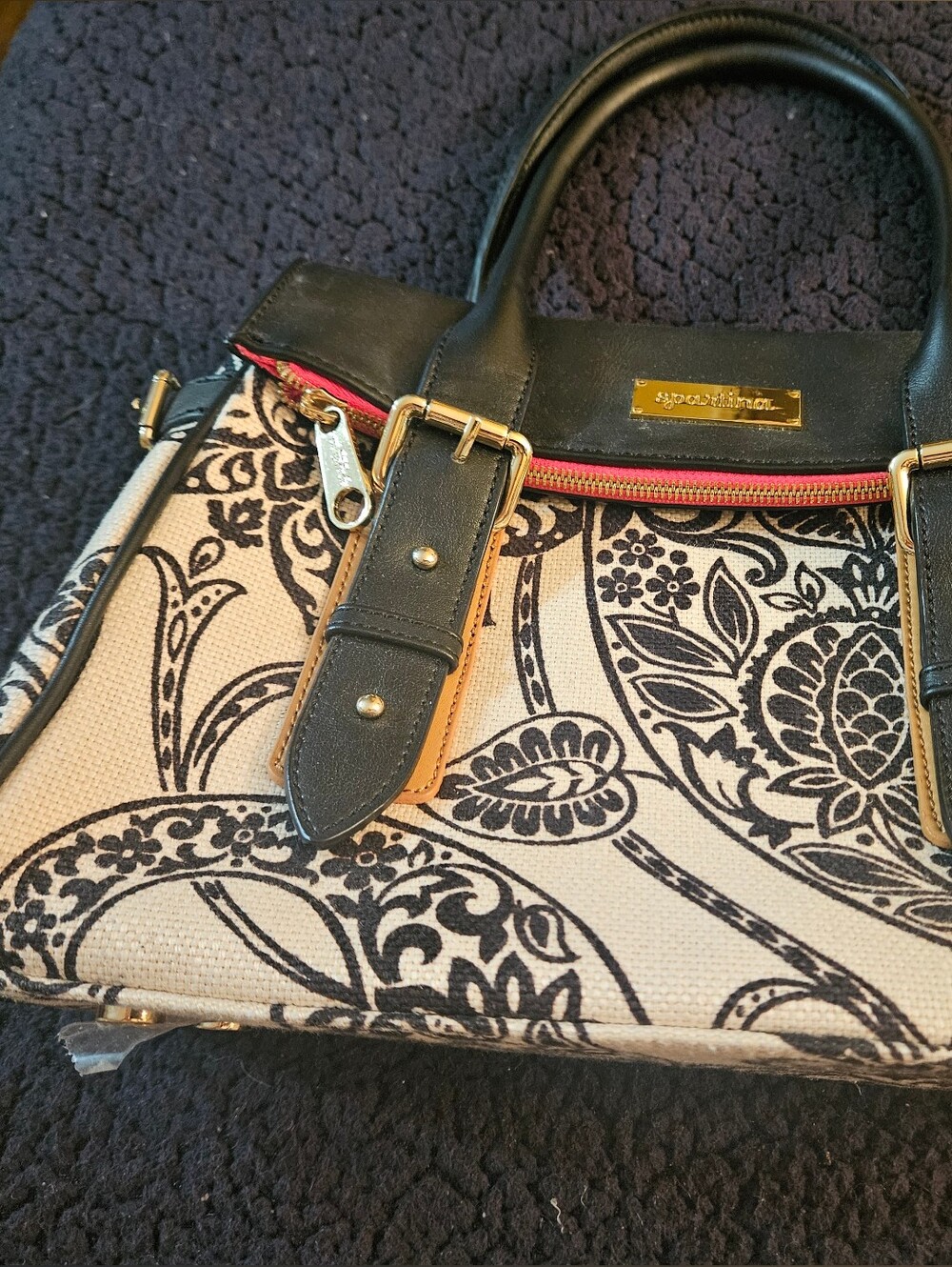 Black and Cream Floral Satchel with Gold Accents